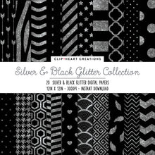 Load image into Gallery viewer, Silver Glitter &amp; Black Digital Papers
