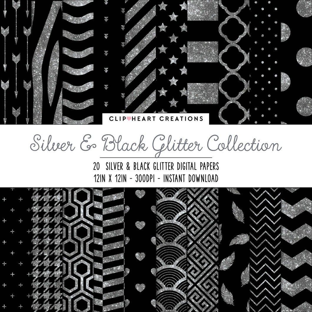 Silver Glitter & Black Digital Papers