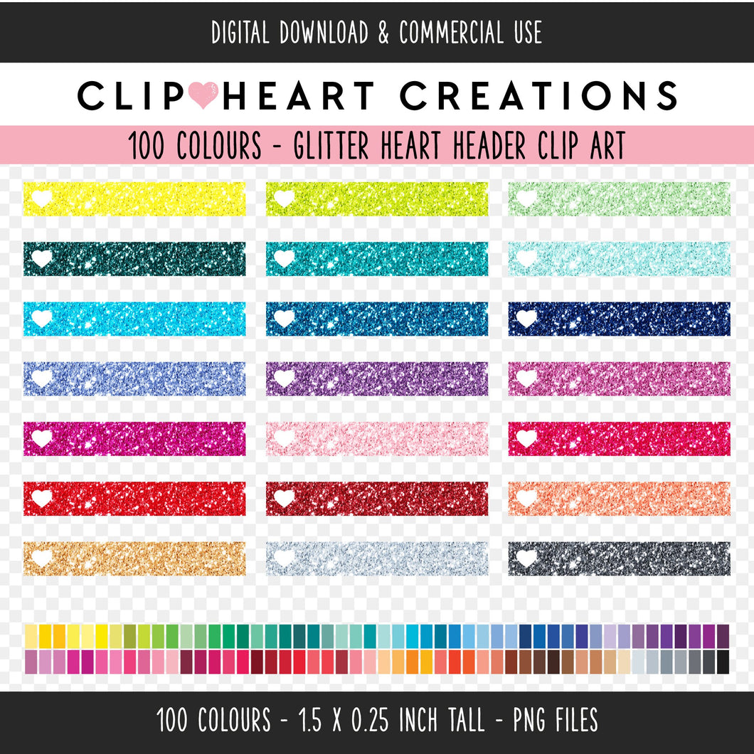 100 Glitter Heart Header Clip Art