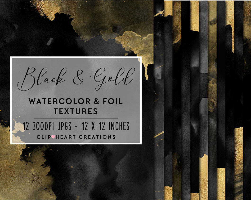 Black & Gold Watercolor and Foil Digital Papers