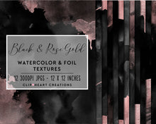 Load image into Gallery viewer, Black &amp; Rose Gold Watercolor and Foil Digital Papers
