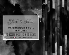 Load image into Gallery viewer, Black &amp; Silver Watercolor and Foil Digital Papers
