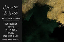 Load image into Gallery viewer, Emerald &amp; Gold Watercolor and Foil Digital Papers
