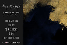 Load image into Gallery viewer, Navy &amp; Gold Watercolor and Foil Digital Papers
