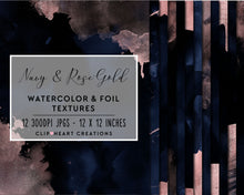 Load image into Gallery viewer, Navy &amp; Rose Gold Watercolor and Foil Digital Papers
