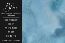 Load image into Gallery viewer, Blue Glitter Watercolor Digital Papers
