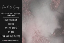 Load image into Gallery viewer, Pink &amp; Gray Glitter Watercolor Digital Papers
