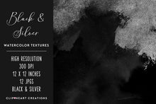 Load image into Gallery viewer, Black &amp; Silver Watercolor and Foil Digital Papers
