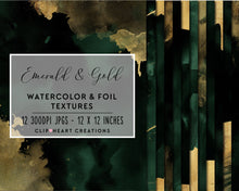 Load image into Gallery viewer, Emerald &amp; Gold Watercolor and Foil Digital Papers
