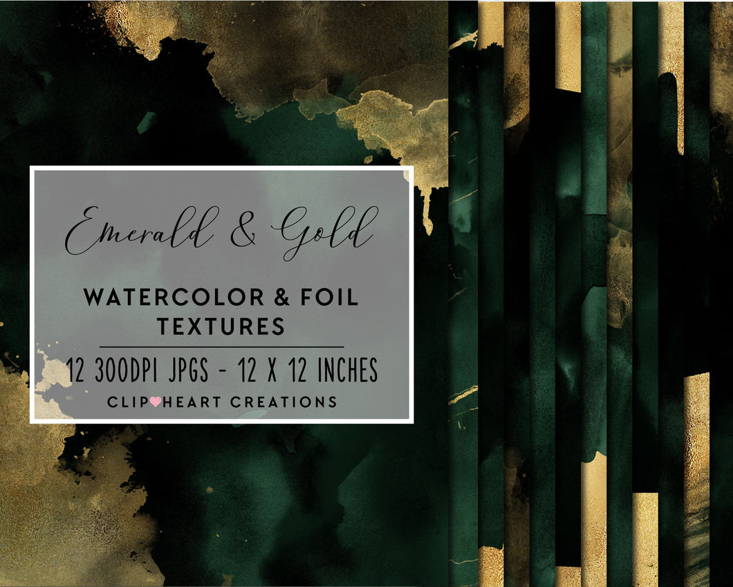 Emerald & Gold Watercolor and Foil Digital Papers