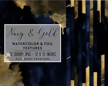 Load image into Gallery viewer, Navy &amp; Gold Watercolor and Foil Digital Papers
