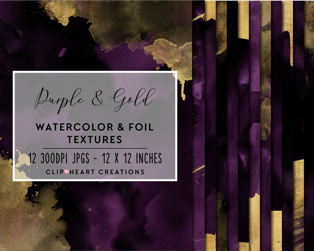 Purple & Gold Watercolor and Foil Digital Papers