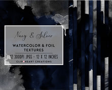 Load image into Gallery viewer, Navy &amp; Silver Watercolor and Foil Digital Papers
