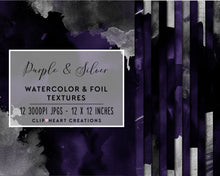 Load image into Gallery viewer, Purple &amp; Silver Watercolor and Foil Digital Papers
