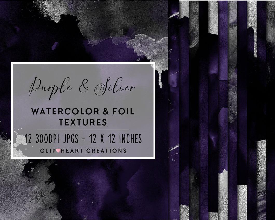 Purple & Silver Watercolor and Foil Digital Papers