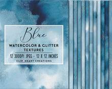 Load image into Gallery viewer, Blue Glitter Watercolor Digital Papers
