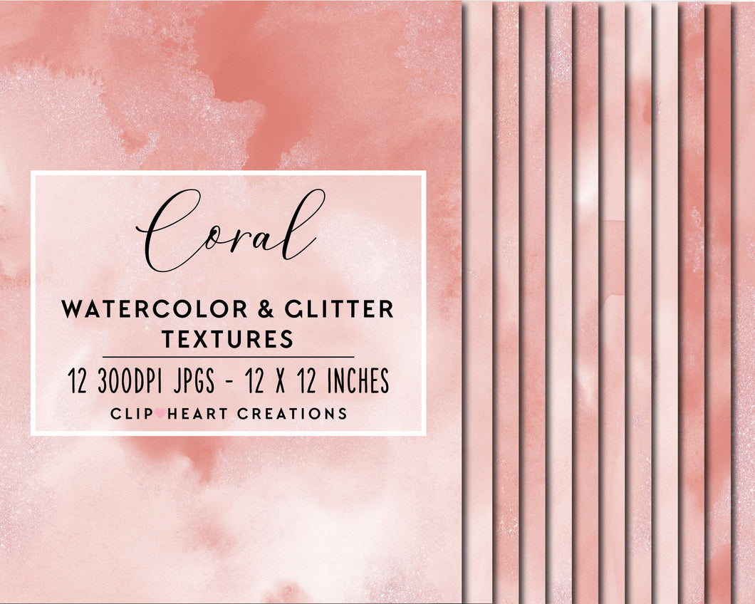 Coral Glitter Watercolor Digital Papers