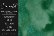 Load image into Gallery viewer, Emerald Glitter Watercolor Digital Papers
