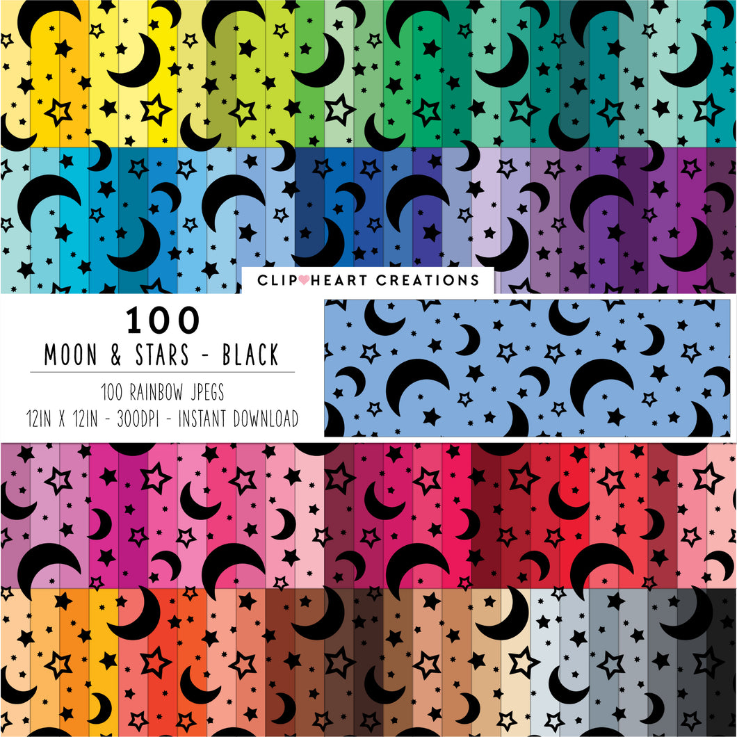 100 Moon & Stars Pattern Digital Papers (Black)