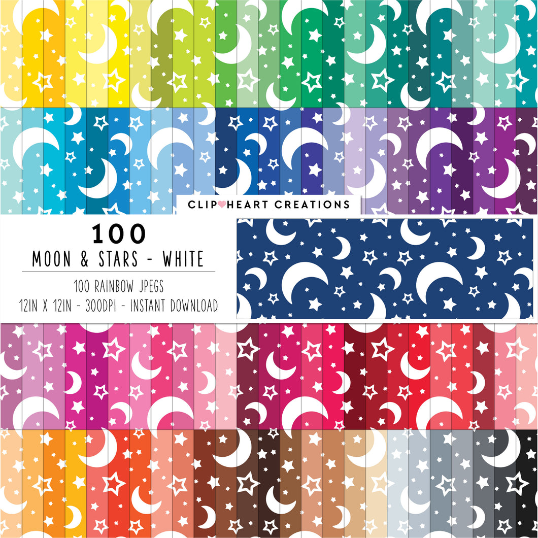 100 Moon & Stars Pattern Digital Papers (White)