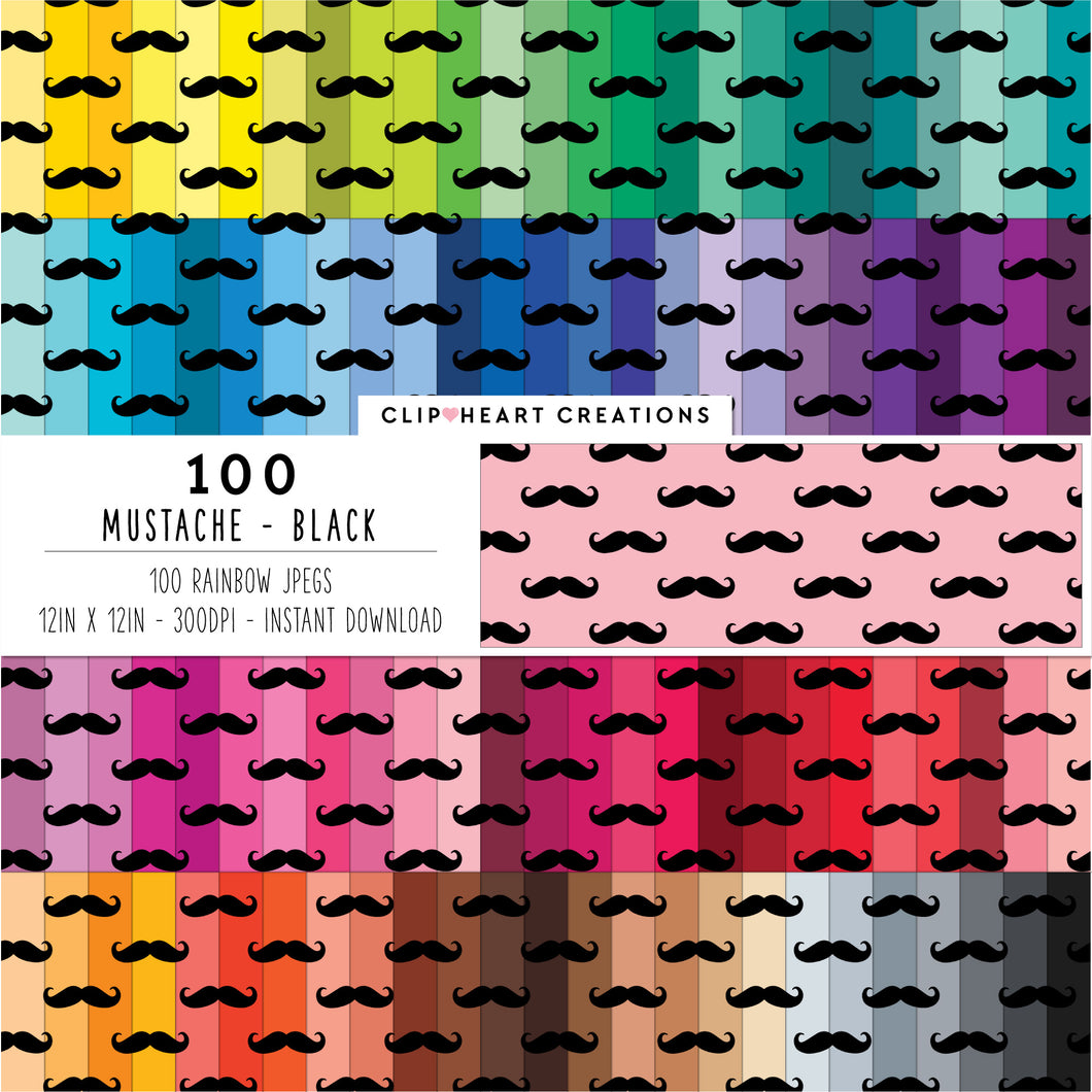 100 Mustache Pattern Digital Papers (Black)