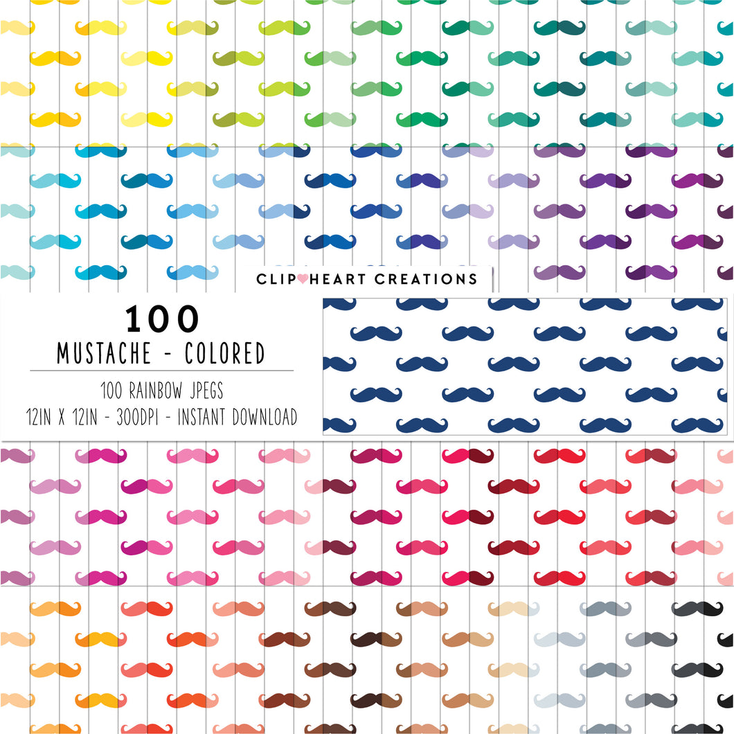 100 Mustache Pattern Digital Papers (Color)