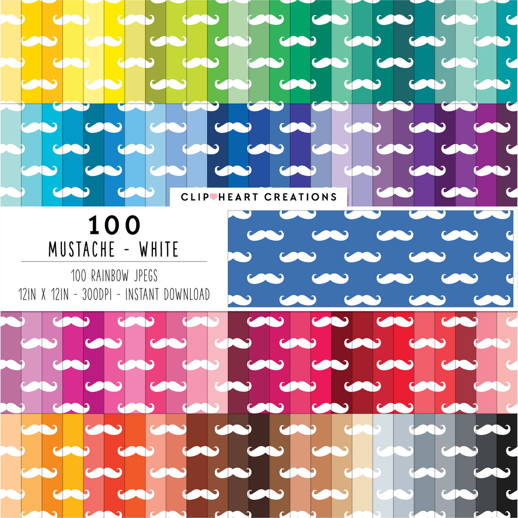 100 Mustache Pattern Digital Papers (White)