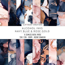 Load image into Gallery viewer, Navy and Rose Gold Alcohol Ink Seamless Digital Papers
