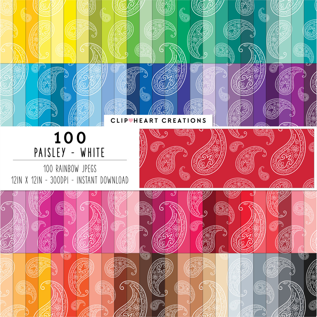 100 Paisley Pattern Digital Papers (White)