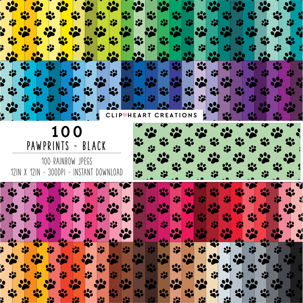 100 Pawprints Digital Papers (Black)