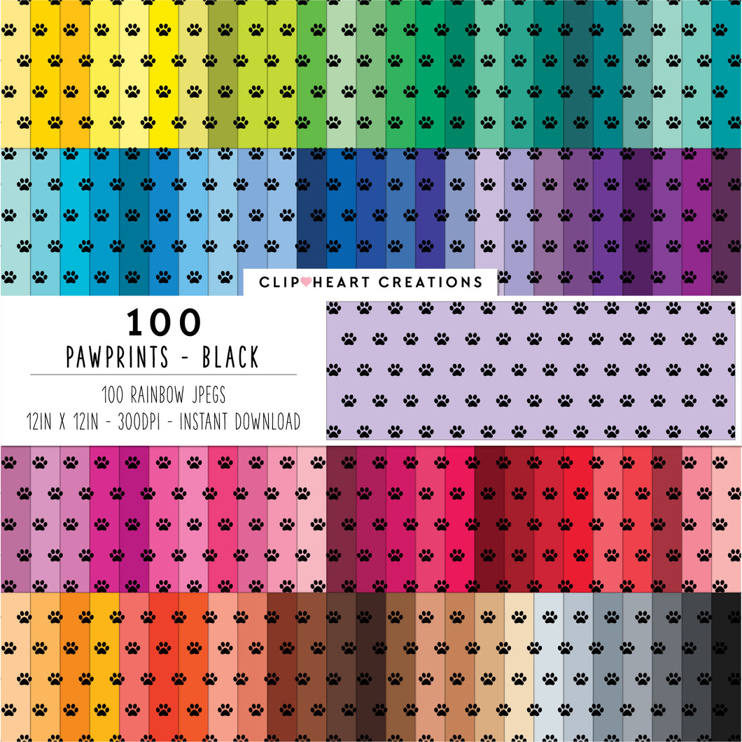 100 Pawprint Pattern Digital Papers (Black)