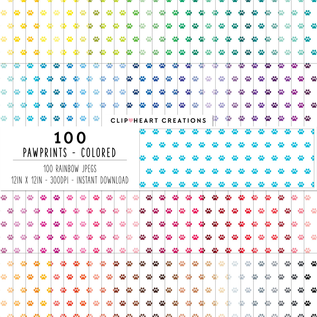 100 Pawprint Pattern Digital Papers (Color)