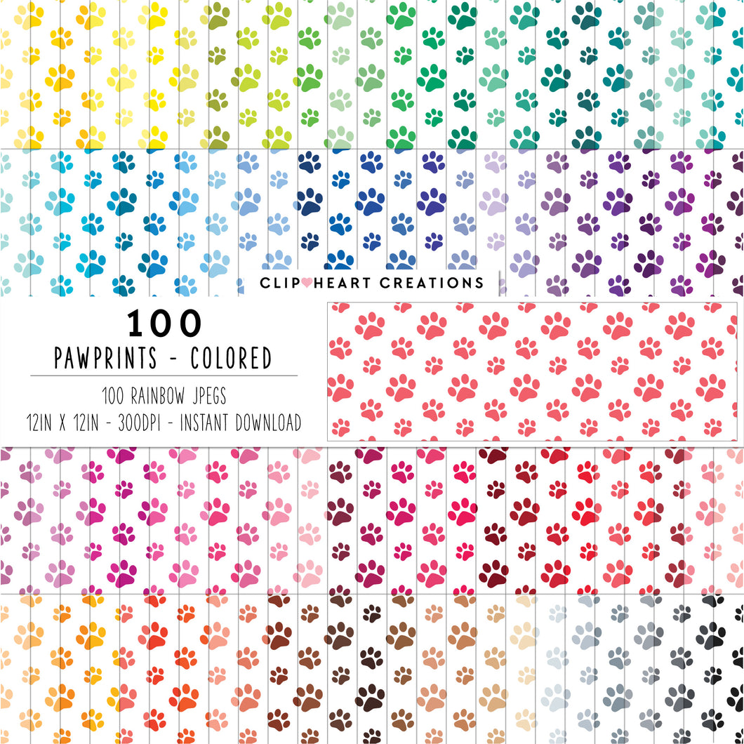 100 Pawprints Digital Papers (Color)