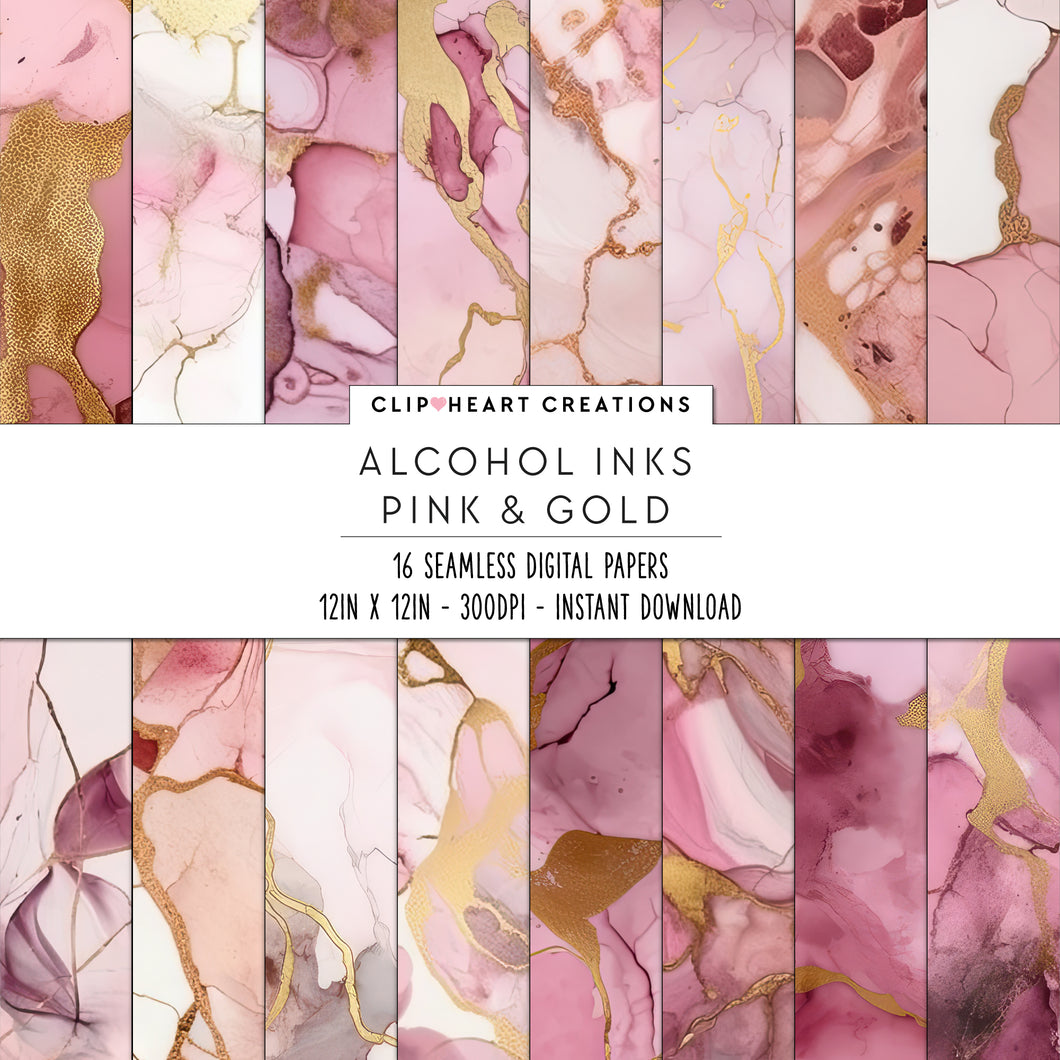 Pink and Gold Alcohol Ink Seamless Digital Papers