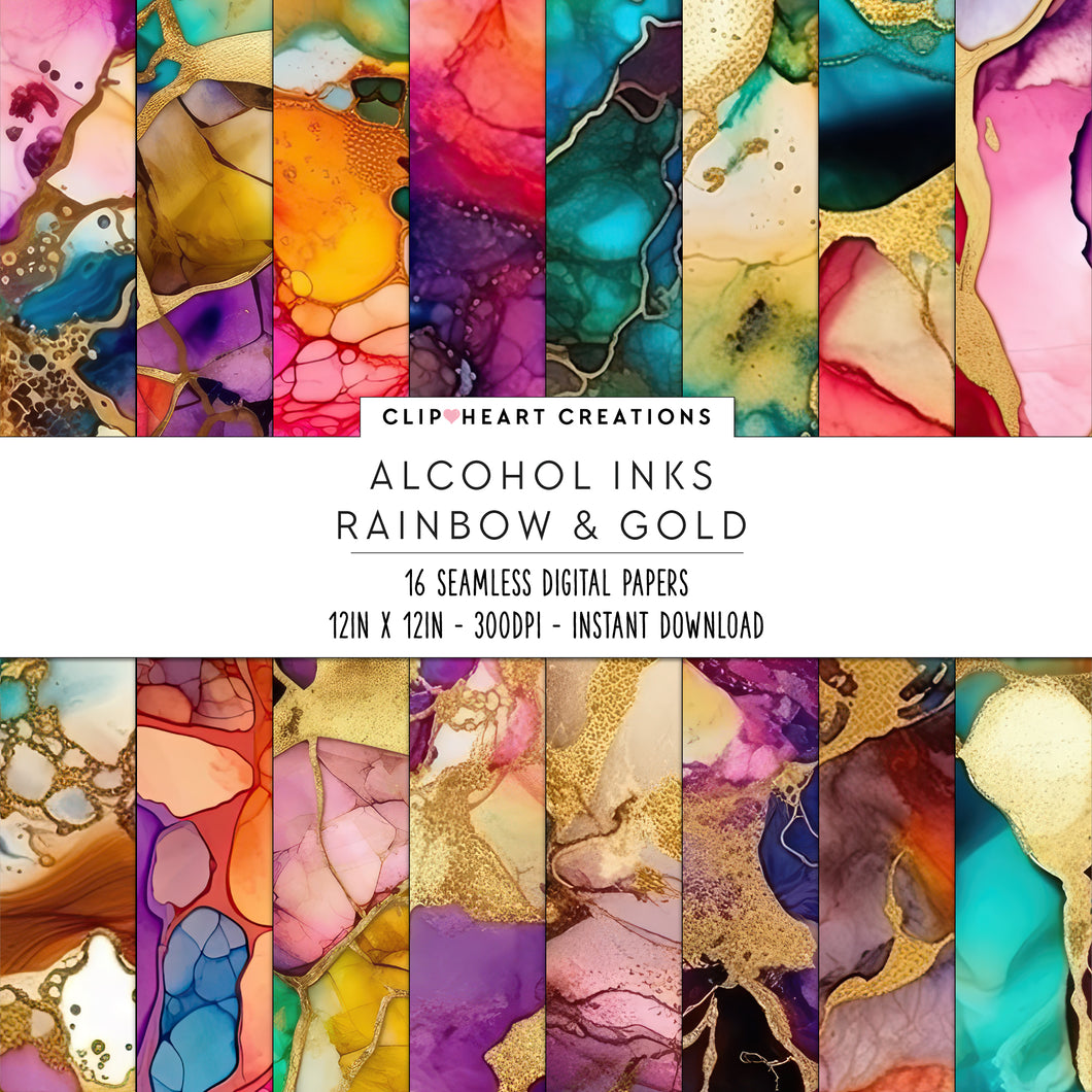 Rainbow and Gold Alcohol Ink Seamless Digital Papers