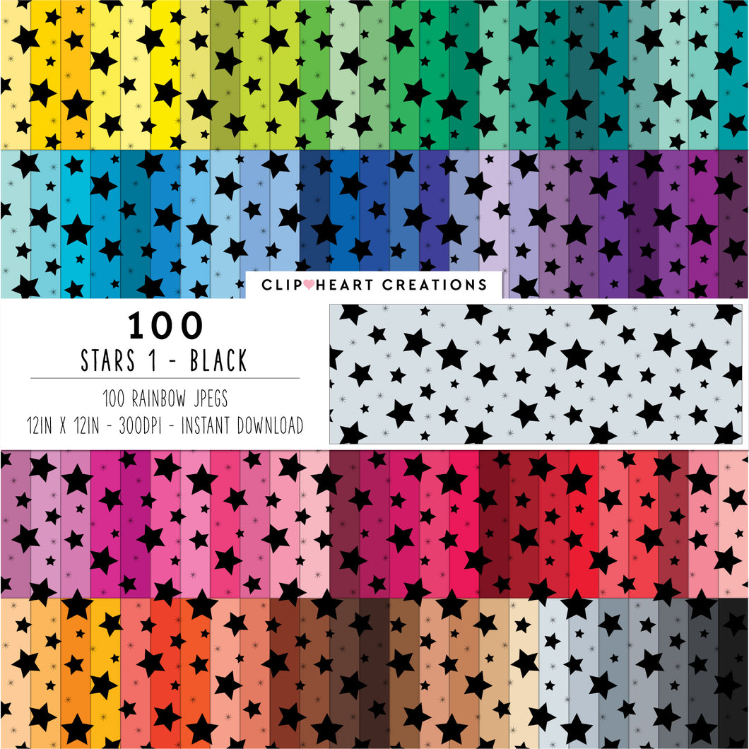 100 Stars Pattern Digital Papers (Black)