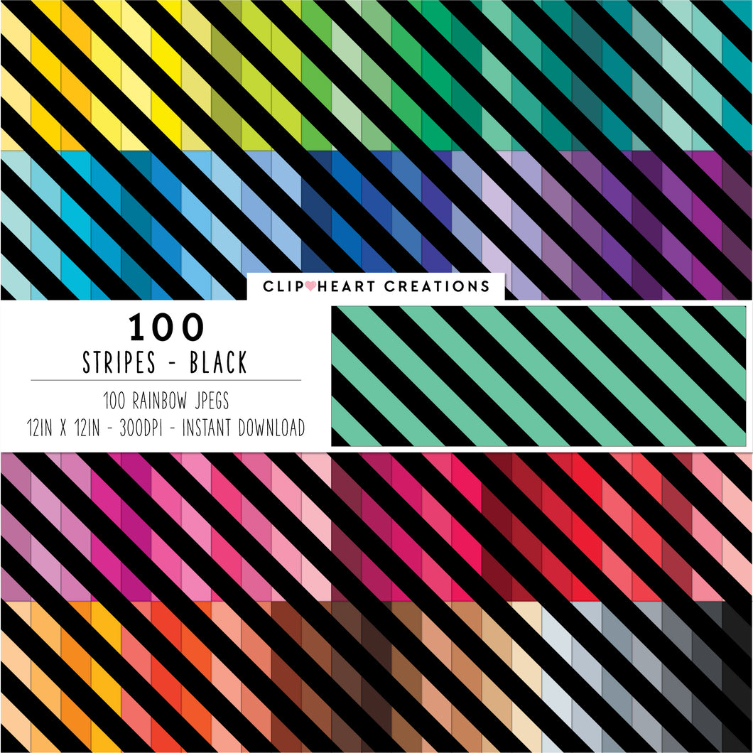 100 Diagonal Stripes Pattern Digital Papers (Black)