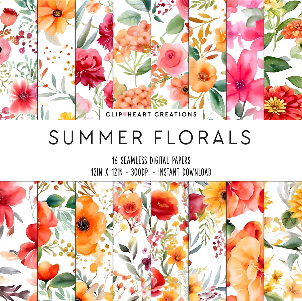 Summer Floral Watercolors Seamless Digital Papers