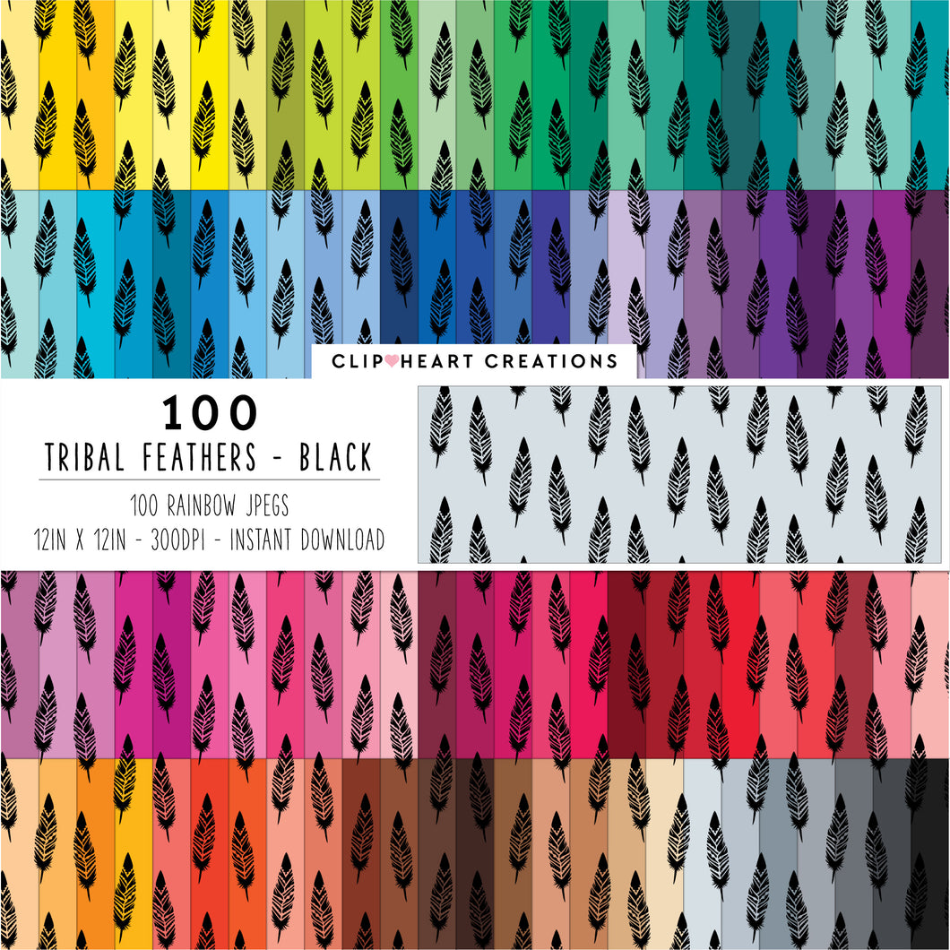 100 Tribal Feather Pattern Digital Papers (Black)