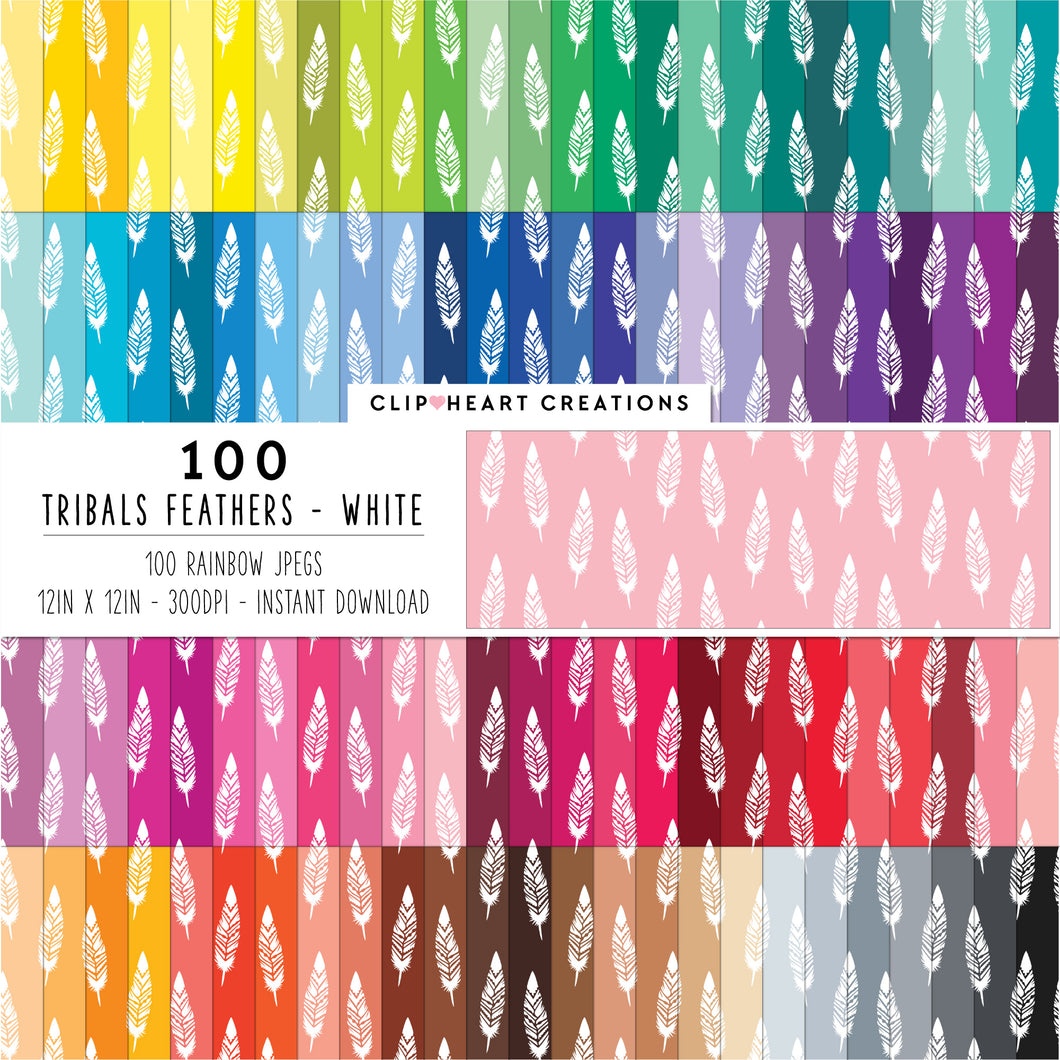 100 Tribal Feather Pattern Digital Papers (White)