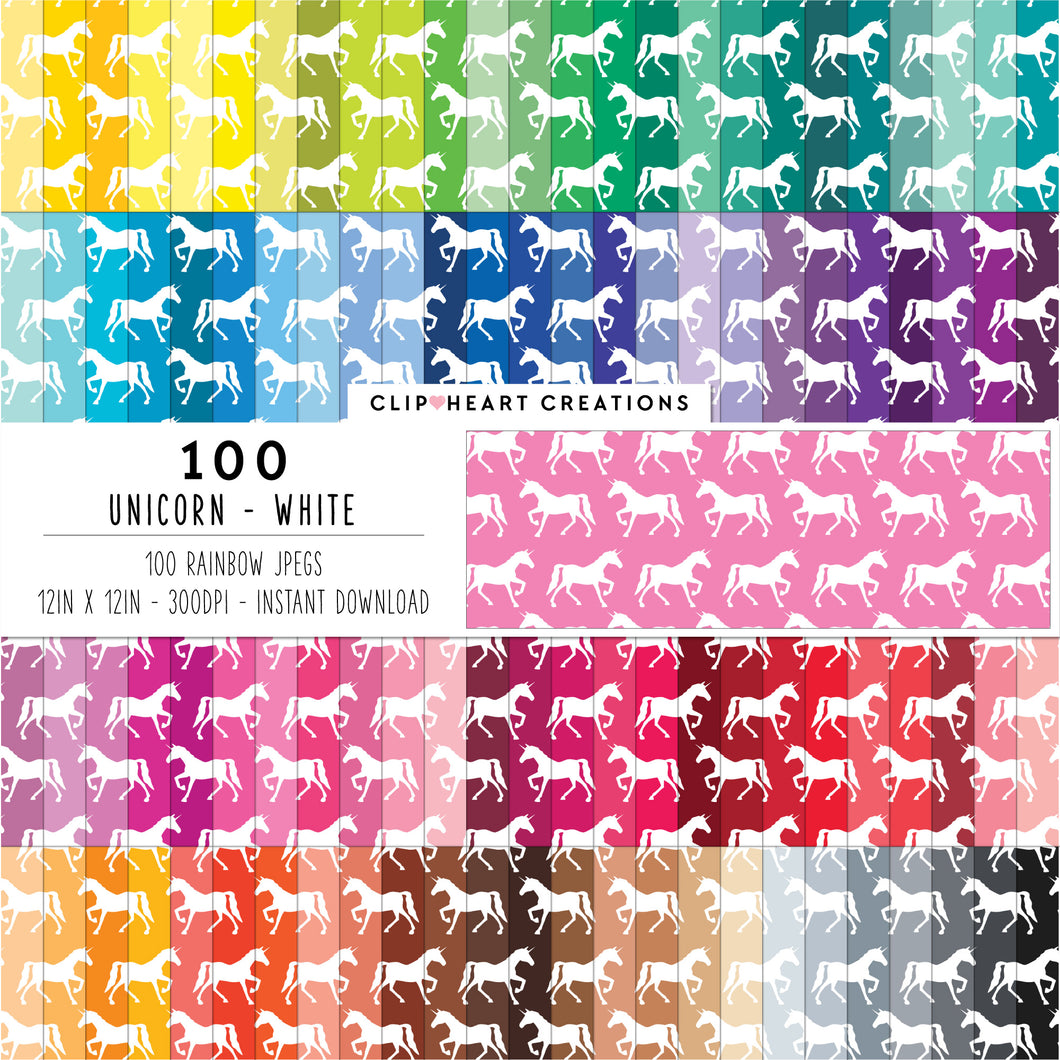 100 Unicorn Pattern Digital Papers (White)