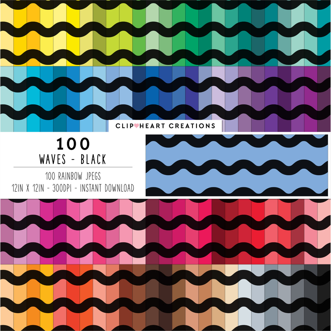 100 Large Waves Pattern Digital Papers (Black)