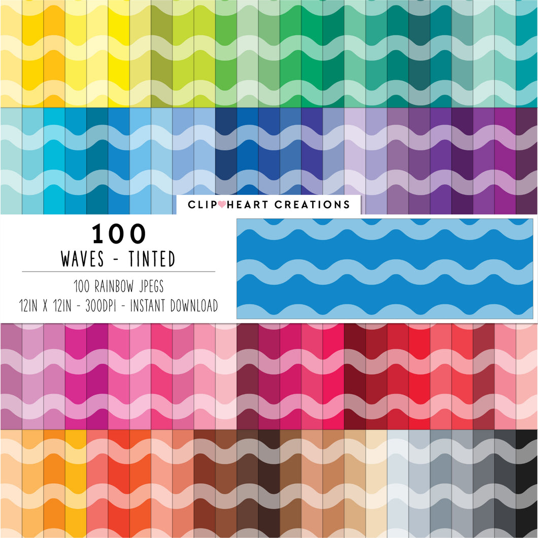 100 Large Waves Pattern Digital Papers (Tinted)