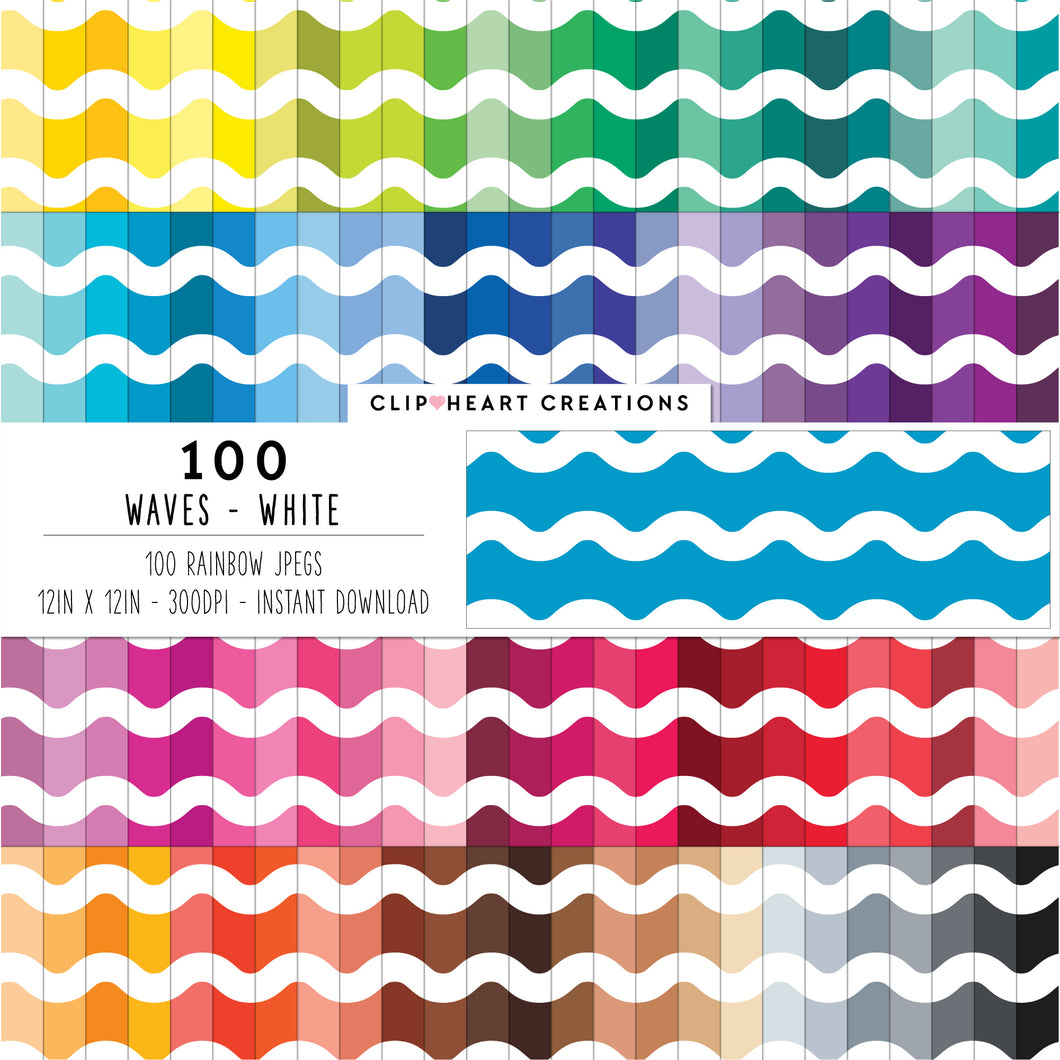 100 Large Waves Pattern Digital Papers (White)