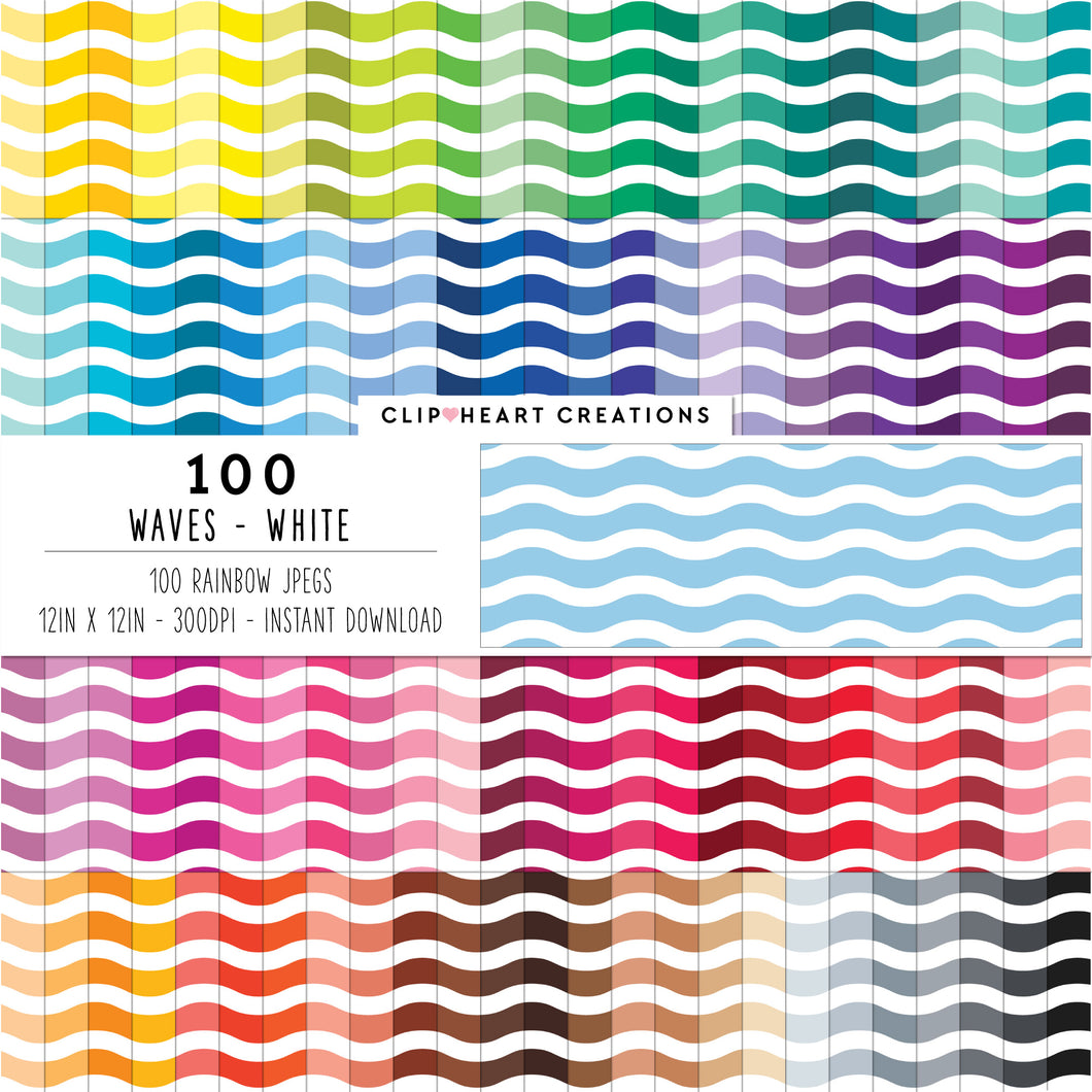 100 Waves Pattern Digital Papers (White)