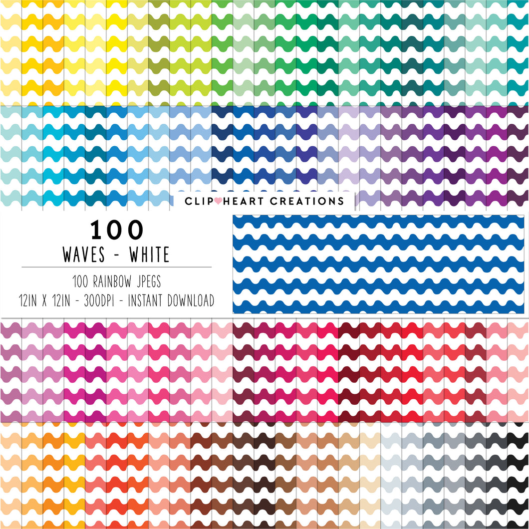 100 Waves Pattern Digital Papers (White)