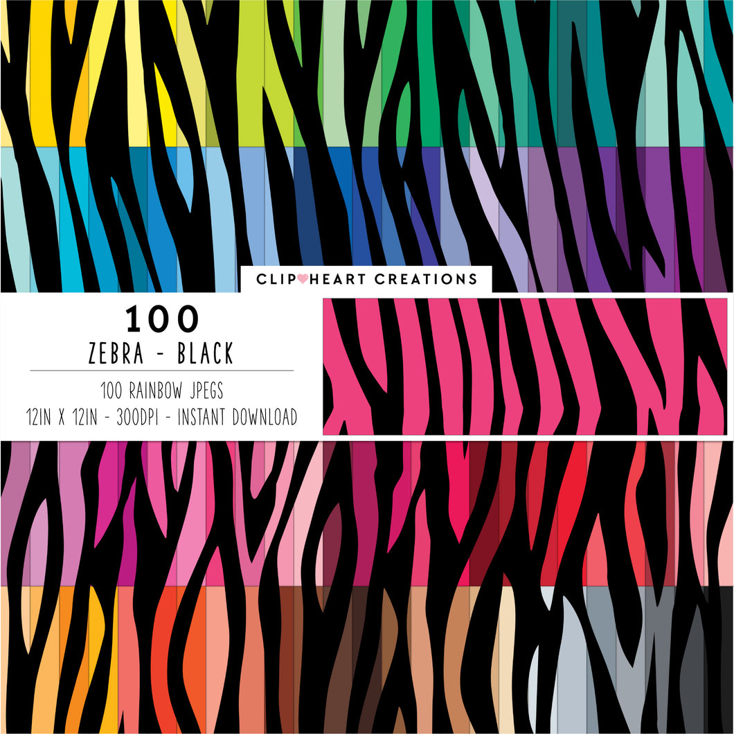 100 Zebra Print Pattern Digital Papers (Black)